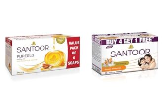 Santoor PureGlo Glycerine Bath Soap with Almond Oil for moisturized, nourished and shining Skin, Combo Offer 125g Pack of 6&Santoor Sandal and Almond Milk Soap (Buy 4 Get 1 Free 125g each)