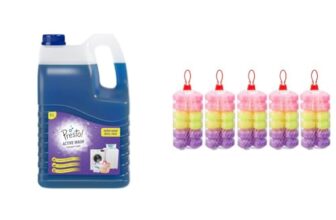 Amazon Brand – Presto! Active Wash Detergent Liquid | Tough on Stains| Gentle on Fabrics | Colour- | Amazon Brand – Presto! Sanicubes | 1 Kg | 200 g x Pack of 5 | Bathroom Freshener Balls