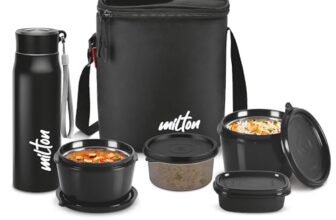 MILTON Max Meal Tiffin (2 Microwave Safe Inner Steel Containers, 320, 450ml;1 Plastic Container,280ml; 1 Handy Bottle,690ml,1 Plastic Chutney Dabba,100ml) with Fabric Bag,Black,Leak & Odour Proof