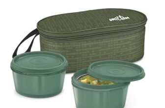Milton Graze Lunch Box, 2 Round Inner Steel Microwave Safe Containers 320 ml Each with Insulated Bag, Odour Proof, Tiffin for Office, Leak-Proof Containers, Easy to Carry, Airtight Food Storage, Green