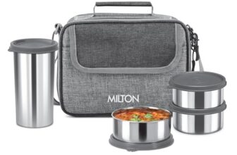 MILTON Daily Meal Lunch Box with Unisex Bag, 3 Stainless Steel Containers 300 ml Each & Tumbler 400 ml, Leak-Proof Tiffin for Office, College, Picnic, Grey