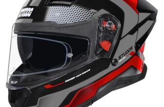 STUDDS Helios ISI and DOT Certified Full Face Helmet with Antifog 100 Lens, Sporty Spoiler (Flame Blue – L)