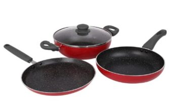 Prestige Omega Granite Non-Stick 3 Pc Cookware Set with Glass Lid | 5-Layer Coating | Gas & Induction Compatible | Omni Tawa 25cm | Fry Pan 24cm | Kadai 24cm | Crimson Red |2Y Warranty |ISI Certified