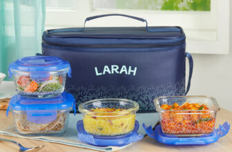 Larah Glassware Speckle Blue Universal Borosilicate Glass Lunchbox, 4pc (320ml x 2 + 240ml x 2) 4 Containers Glass Office Lunch Box(1120 ml)