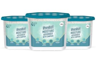 Amazon Brand – Presto! Moisture Absorber with Camphor | 280g x Pack of 3 | Absorbs Upto 600Ml Each | Eliminates Musty Odour | Lasts Upto 45 Days