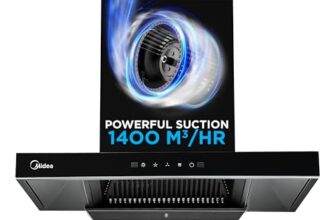 Midea 75 cm 1400 m3/hr Filter-less, Autoclean, Motion Sensor, T Shape kitchen Chimney with 2 Yrs Product and 10 Yrs Motor Warranty, Free Installation Kit (Falcon Auto Clean), Black