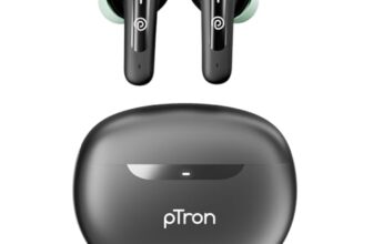 pTron Bassbuds Astra in-Ear TWS Earbuds w/Stereo Sound, 34Hrs Playtime, Stereo Calls, Custom EQ, Mobile App, BTv5.3 Headphones, Touch Control, Voice Assistant, Type C Charging & IPX4 (Black/Green)