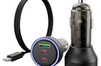 Zebronics 82W Car Charger, Dual Type-C & USB Output, Rapid Charging, Type-C to Type-C Cable 1m, LED Indicator, Multi Protection, Transparent Design (CC82)