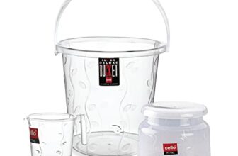 Cello Petal Bathroom Accessory Combo Set of 3, Transparent (20L Bucket, 1.5L Mug & 23cm Tall Stool) | Durable, Stylish & Modern Design | Plastic Bath Combo Set for Modular Bathroom