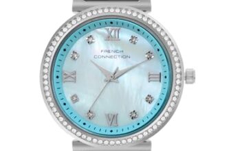 French Connection Mop Blue Round Dial with Blue Two Tone Stainless Steel & Plastic Link Strap Watch – for Womens FCB13USM