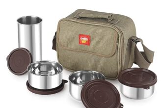 CELLO MF Fab Lunch Box Set with Jacket | Brown | Set of 4 | Stainless Steel Containers | 315ml x 3 + 510ml x 1 Steel Tumbler | Leakproof & Airtight | Ideal for Dry & Semi Liquid Food