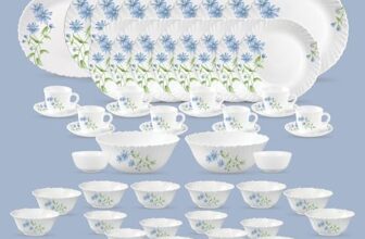 La Opala Diva Classique Collection Opal Glass Crockery | for Family of 8 | Dinner Set 53 pcs Blue Daisy | Plates, Bowls & Cups for Dining | Microwave Safe | 100% Vegetarian | Extra Strong | White
