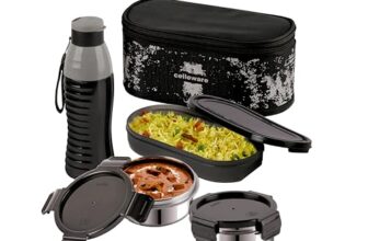 CELLO Gemini Lunch Box with Insulated Water Bottle | Gift Set | 3 Containers + 1 600ml Insulated Bottle | Easy to Carry Jacket | Airtight & Leakproof | Ideal for School, Office & College | Black