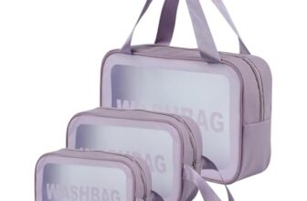 Gritty Wash Bag Pouch for Travel Kit Toiletry Bag Cosmetic Bag Make Up Box for Brushes, Accessories with Handle, Large Capacity Translucent Waterproof Travel Storage Organizer Set of 3(Purple)