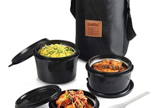 Cello All In One Lunch Box with Fabric Bag, Black | 3 Microwave Safe Insulated Inner Steel Containers (550ml,375ml,225ml)| Food Grade, BPA Free, Air Tight Leak Proof Tiffin Box Set For Office, College