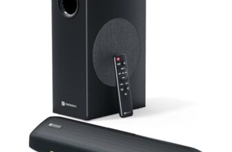 Portronics 100 Watts Zuno Compact Bluetooth Soundbar With Deep Bass, 2.1 Channel Home Theatre, Dual Driver Soundbar, HDMI in, Bluetooth v5.3, Multiple EQ Modes, LED Lights, Sleek Remote Control(Black)