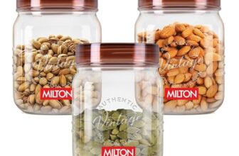 MILTON Vintage Airtight Containers with Spoons for Kitchen Storage, Food Grade Plastic, Stackable & Transparent Organizer Jars, Masala Dabba, Set of 3 (500 ml each) for Tea, Coffee, Sugar, Dry Fruits