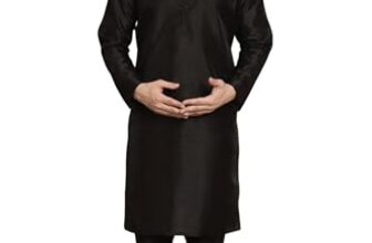 SKAVIJ Men’s Art Silk Solid Kurta Pyjama Set Festive Woven Design 2-Piece Ethnic Dress (KP055black_Black_L)