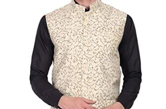 SKAVIJ Men’s Indian Dupion Silk Printed Nehru Jacket Waistcoat Beige_S