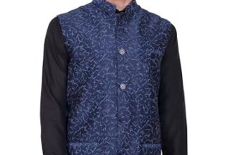SKAVIJ Men’s Indian Dupion Silk Printed Nehru Jacket Waistcoat Blue_S