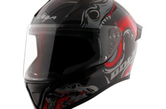 Vega Bolt Octopus ISI Certified Full Face Motorcycle Helmet with Impact Resistant ABS Shell High Density EPS Liner Scratch Resistant Visor Quick Release Buckle Comfortable Inner Padding Black Red Helmet-M