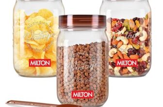 MILTON Vintage Airtight Containers with Spoons for Kitchen Storage, Food Grade Plastic, Stackable & Transparent Organizer Jars, Masala Dabba, Set of 3 (750ml each) for Tea, Coffee, Sugar, Dry Fruits