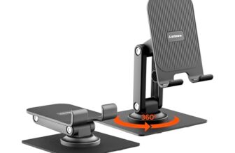 Ambrane 360° Rotation, Foldable Design Mobile Stand with Stable Metalic Round Base, Multiple Height & Angle adjustments Compatible with Smartphones, Tablets, Kindles & iPad (Twistand 360, Black)