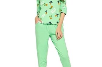Clovia Women’s Cotton Cactus Print Top & Chic Basic Pyjama Set in Green (LS0705P11_Green_M)