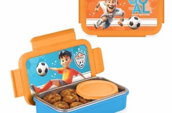 ATTRO Treat Time Stainless Steel Insulated Lunch Box with Inner Steel Body, Airtight 4-Side Lock Lid, Leakproof Silicone Seal, Small Container-560ml+150ml-Football Champ Blue