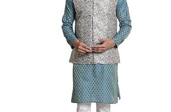 SOJANYA (Since 1958 Men’s Jacquard Silk PBlue Kurta and Off-White Pyjama With Grey Nehrujacket