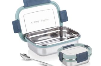 ATTRO Sparkle Medium Stainless Steel Lunch Box 2-Piece Set – 800ml + 150ml – Leak-Proof, BPA-Free, Compact & Durable – Ideal for Kids, Office, Travel – Green
