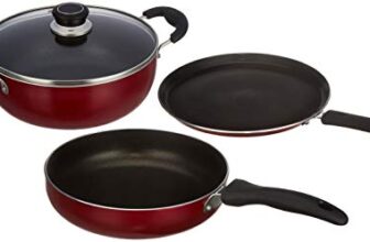 Amazon Brand – Solimo 3-Piece Aluminium Cookware Set – Fry Pan,Kadhai&Tawa|2-Way 3 Layer Non-Stick Coating|Induction Friendly Design|Pfoa Free|High Temperature Resistant Exterior Coating,Maroon