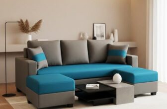 FURNY Iira Sofa Set 3 Seater Velvet Fabric (Aqua Blue – Dark Grey) with 2 Ottoman | Modular Design | Living Room Furniture | Modern Stylish Sofa for Home