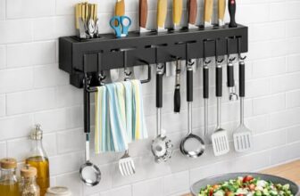 ORBICA Wall Mounted Kitchen Organizer Rack with Magnetic Knife Holder, 8 Adjustable Hooks & Towel Bar, Space Saving Wall Storage for Knives & Utensils, ABS Rust-Resistant Black