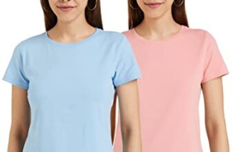 Amazon Brand – Symbol Women’s Cotton Stretch Regular Fit Round Neck Half Sleeve T-Shirt (Combo Pack of 2) (TS-1 CONT_CORAL PINK & SKY BLUE_L)