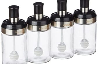 Amazon Brand – Solimo Borosilicate Glass Sauce Jar with Dipper, Set of 4 (250 Ml Each),Black