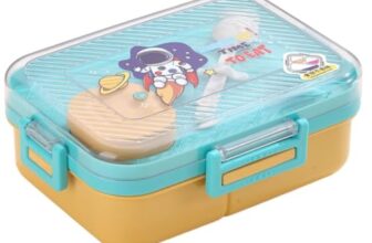 ATTRO Savour Astronut Space Themed Kids Lunch Box with 3 Compartment 1 Small Container, 1 Spoon & Separate Internal Lid Leakproof- 1270ml+70ml Blue, Plastic