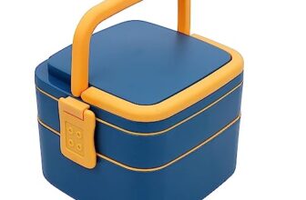 BigPlayer Double-Layer Bento Square Lunch Box – 2 Compartment Tiffin With Handle & Push Lock, Multicolor – Glass