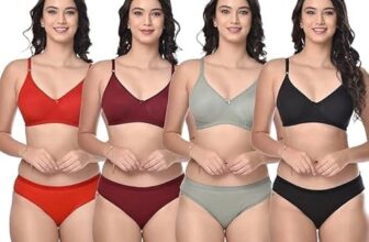 QOXOLYZ Women’s Cotton Lingerie Set with Full Coverage Bra and Hipster Panty,Seamless Non-Padded Bra (34, Maroon::Red::Black::Baby Green)