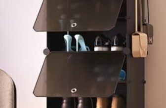 BOXJOY 8 Shelf Shoe Rack with 4 Black Doors, 5 Hook Steel Holder & Wooden Hammer for Home Storage PP Plastic Organizer with Metal Door Frame to Cover Chappal Slipper Sandals Shoes Box Stand (Black)