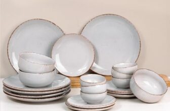The Earth Store Glossy Lavender Marble Ceramic Dinner Set, 21 Pieces Serving for 6, Microwave and Dishwasher Safe, Bone-Ash Free, Crockery Set for Dining and Gifting
