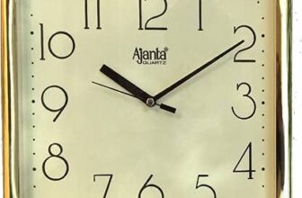 Ajanta Designer Plastic Small Square Battery Operated Wall Clock with Large Numbers (23.9 x 23.9 x 3.2 cm, Quartz, Gold)