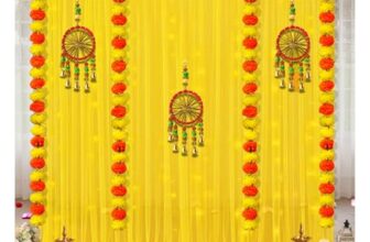 Shimmers Festive Decoration Kit Set of 12 | Marigold Garlands, Dream Catcher Wall Hangings, Yellow Curtains & Hooks | Traditional Backdrop Decor for Diwali, Pooja, Housewarming & Home Celebration