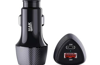 MAK Dual Port 51W Car Charger with 33W USB-C PD & 18W QC 3.0 Fast Charging, Compact Car Mobile Charger for iPhone, Android & Tablets (Black).