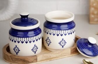 The Earth Store Blue Drape Ceramic Jar with Wooden Tray | 650ml Each | Pickle Jar | Kitchen Storage Container Set for Pickle, Cookies, Sugar, Tea, Coffee – 2 Jars & 1 Tray Combo Set