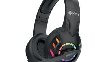 pTron Studio Sports Wireless BT Gaming Over-Ear Headphones, 30MS Low-Latency for Thrilling Gaming Experience, RGB Lights, Boom HD Mic w/AI ENC, 60Hr Playtime, Punchy Sound, Type-C Fast Charging(Sable)