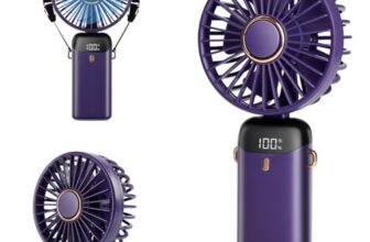 Aucoofany Portable Handheld Fan, 12 hours, Upgrade 3200mAh Portable Fan with LED Display, 90° Foldable, 5 Speed Wind,Hand Held/Neck/Desk 3 in 1 Personal Small Fans, Makeup Fans for Women (Purple)