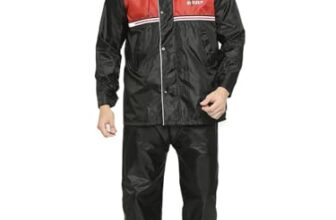Citizen Reversible Raincoat for Men with Inbuilt Hood, Waterproof Pant & Carry Pouch | Dual Color Sports Style | 190T Polyester with PVC | Durable & Lightweight Rainsuit | Black & Red, 2XL