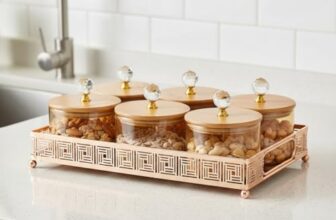 E – Ezra Diwali Serving Dry Fruit, 6 pcs Glass Container Serving Tray Set | 600 ML Each Premium Design Air-Tight Lid Snack Organizer Tray Copper Stand Wooden Lid