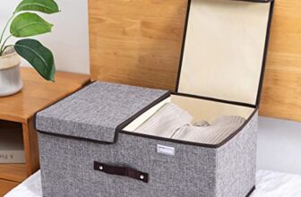 wolpin Storage Basket With Double Lid Stackable Bins Wardrobe Clothes Closet Organizer Foldable Rectangular Drawer Box Storage Bins With Handle, Grey, Oxford Fabric, 35 x 15 x 25 Centimeters